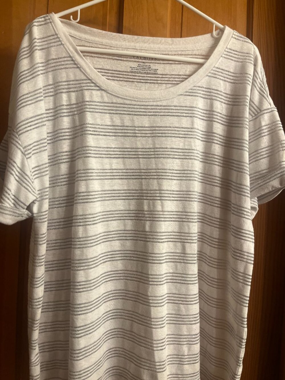 Talbots Linen Blend Roll Cuff Short Sleeve Silver Shimmer Stripe T-Shirt Size XL